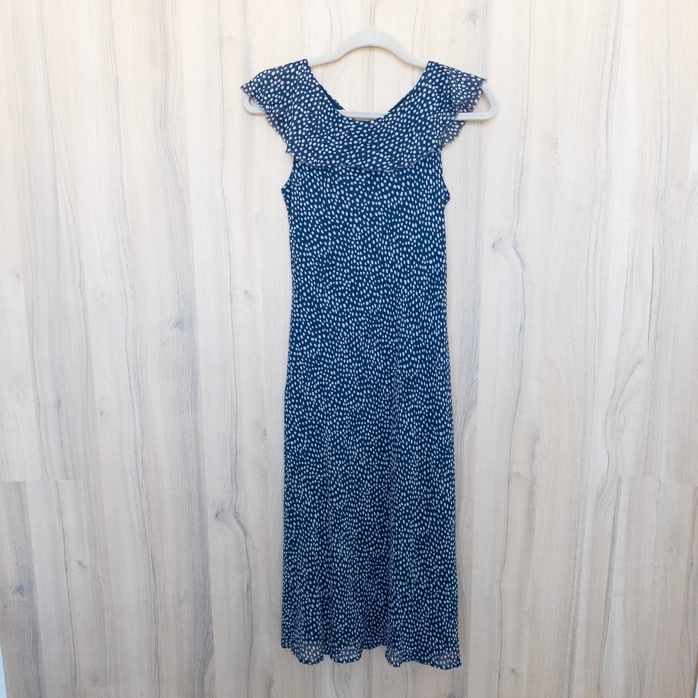 Vintage Adrianna Papell Silk Polka Dot Midi Dress 8 Navy Chiffon Ruffle Y2K